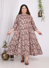Plus Size Rust Cotton Blend Floral Print A-line Gown-400008